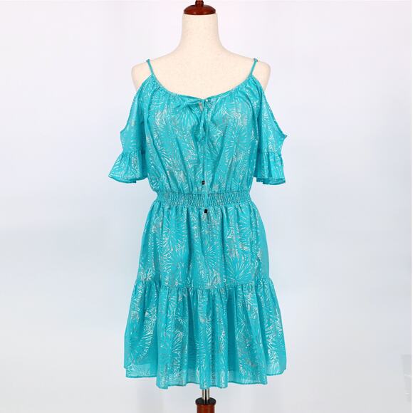 Michael Kors Women Turquoise Cotton Abstract Cold-Shoulder Ruffle Dress Size XL - Picture 1 of 3